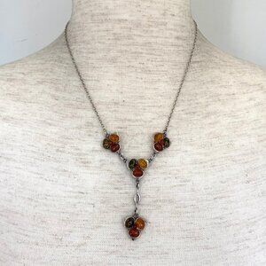 Sterling Silver 925 Multi Color Baltic Amber Flower Floral Y Necklace 16" -17.5"